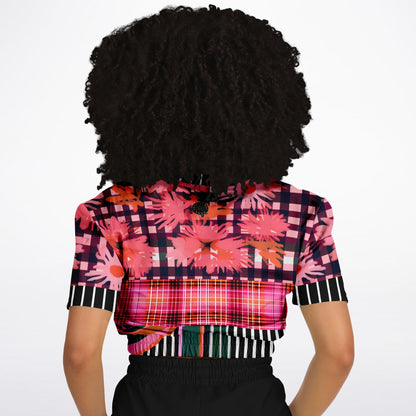 Pink Chrysanthemum Plaid Floral Eco-Poly Short Sleeve Cropped Pullover