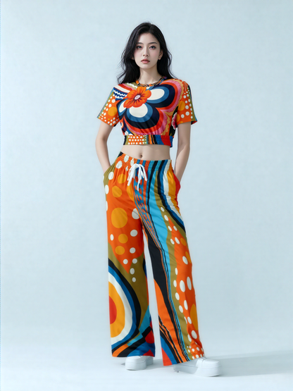 Down Memory Lane Groovy 70s Print Eco-Poly Wide Leg Pants
