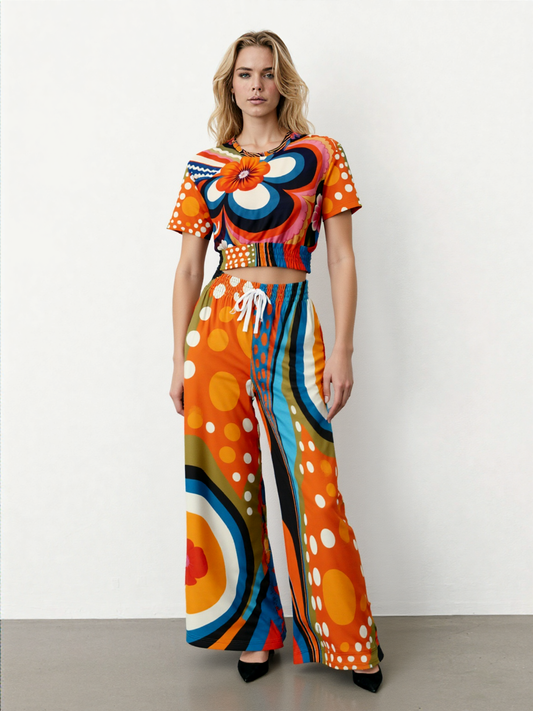 Down Memory Lane Groovy 70s Print Eco-Poly Wide Leg Pants