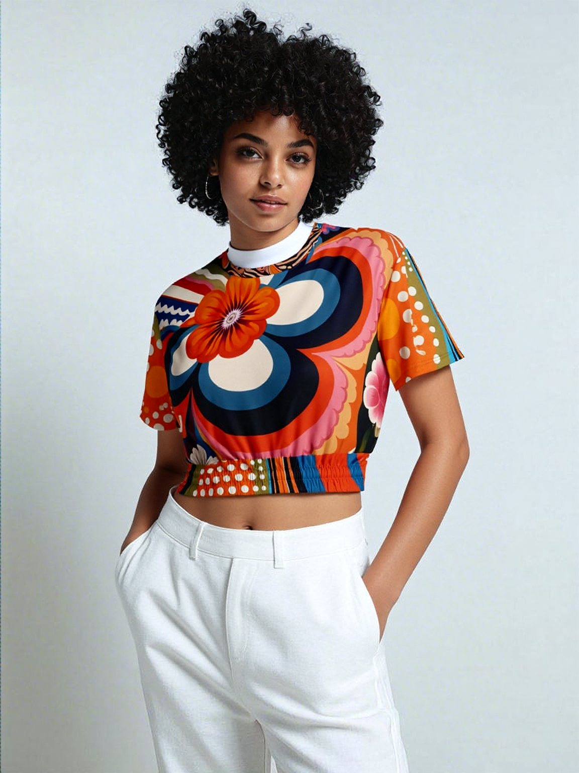 Down Memory Lane Groovy 70s Print Eco-Poly Short Sleeve Cropped Pullover