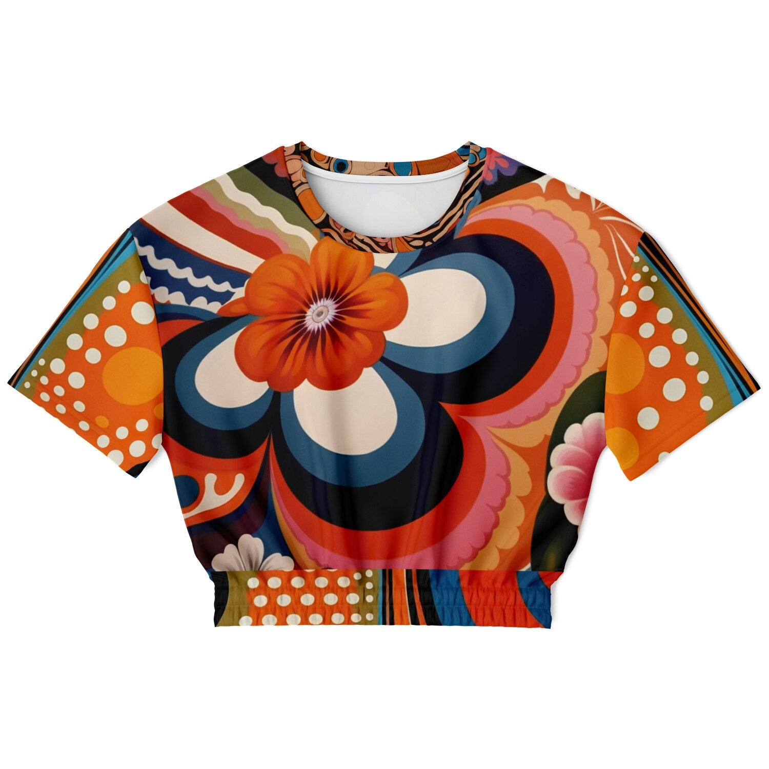 Down Memory Lane Groovy 70s Print Eco-Poly Short Sleeve Cropped Pullover