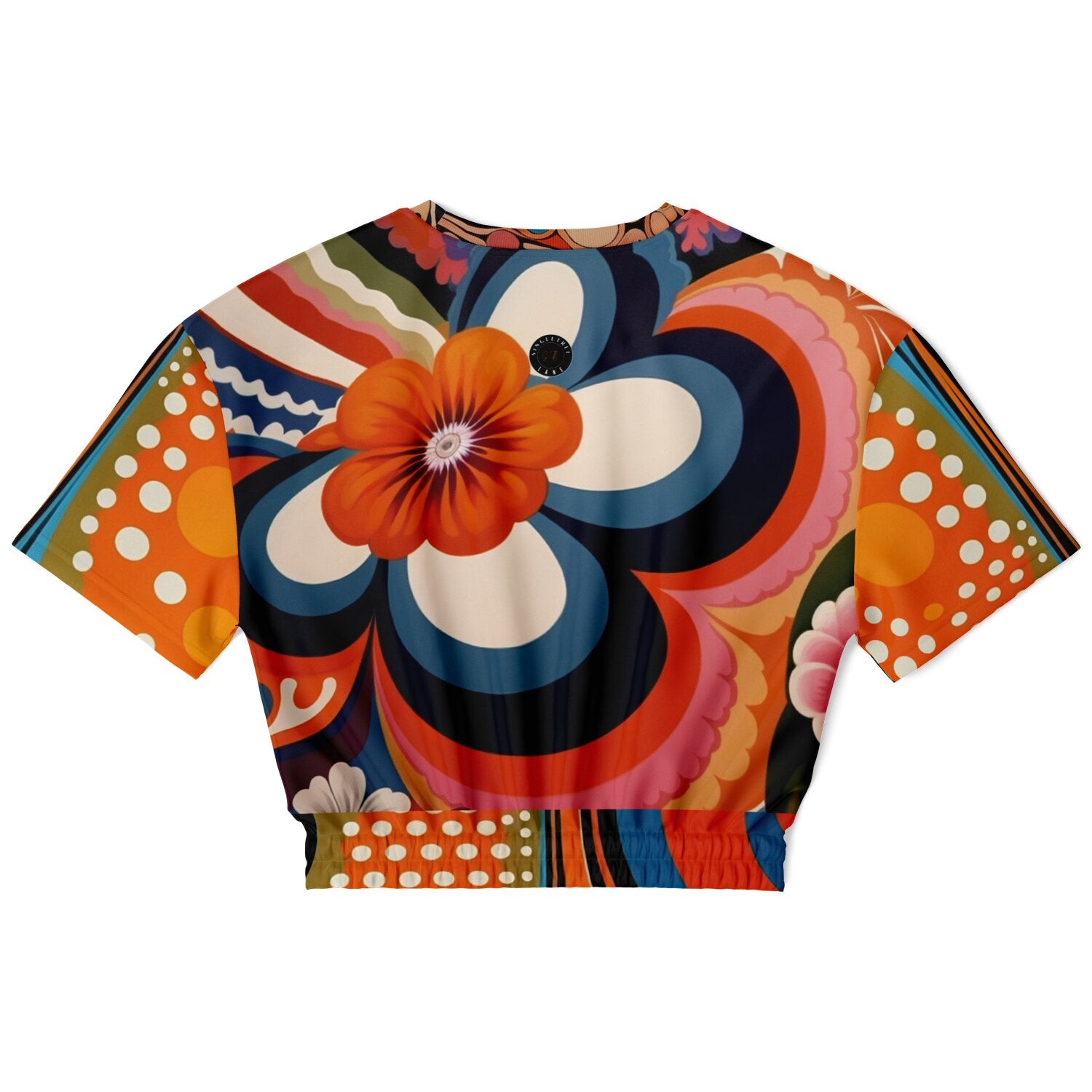 Down Memory Lane Groovy 70s Print Eco-Poly Short Sleeve Cropped Pullover