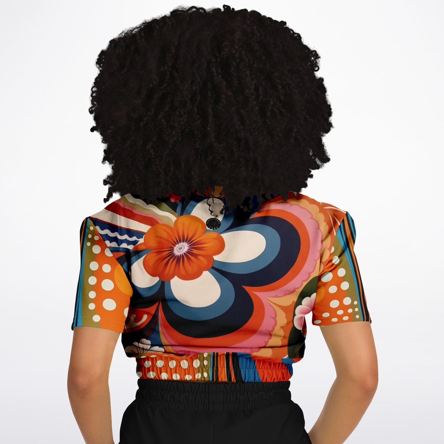 Down Memory Lane Groovy 70s Print Eco-Poly Short Sleeve Cropped Pullover