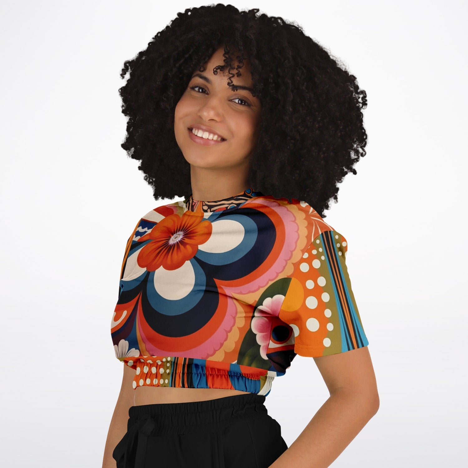 Down Memory Lane Groovy 70s Print Eco-Poly Short Sleeve Cropped Pullover