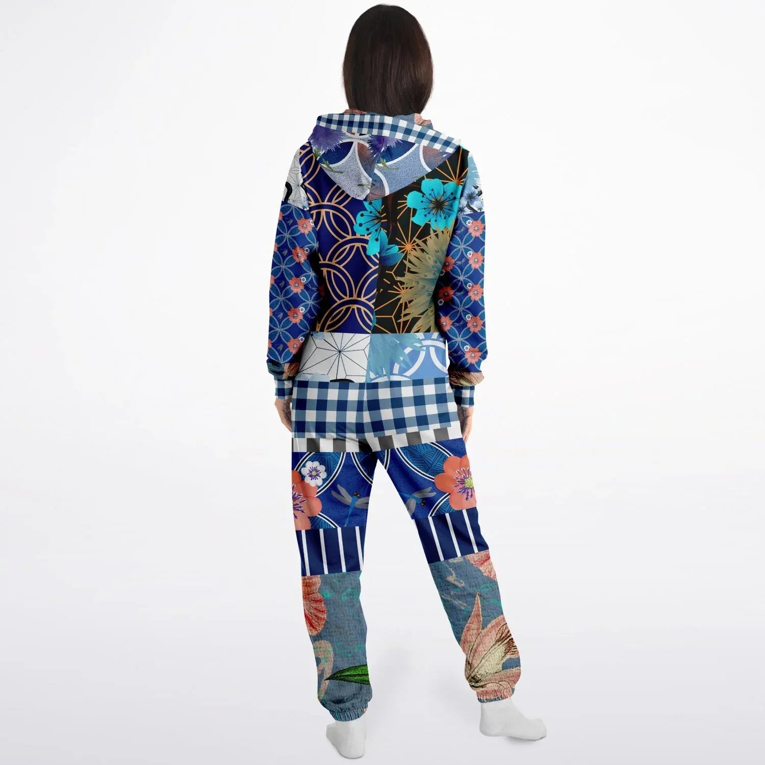 Blue Andalusian Patchwork Unisex Fleece Romper