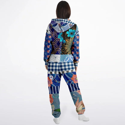 Blue Andalusian Patchwork Unisex Fleece Romper