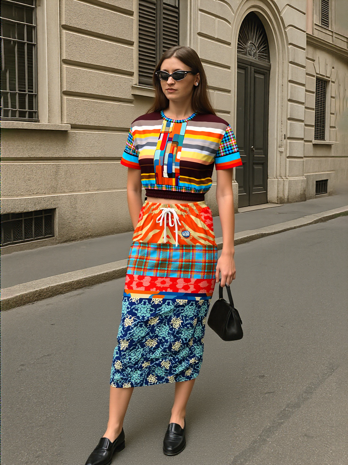 Lady in Blue and Orange Patchwork Eco-Poly Long Pocket Skirt