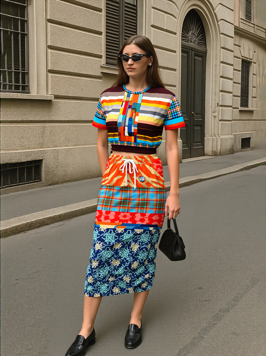 Lady in Blue and Orange Patchwork Eco-Poly Long Pocket Skirt