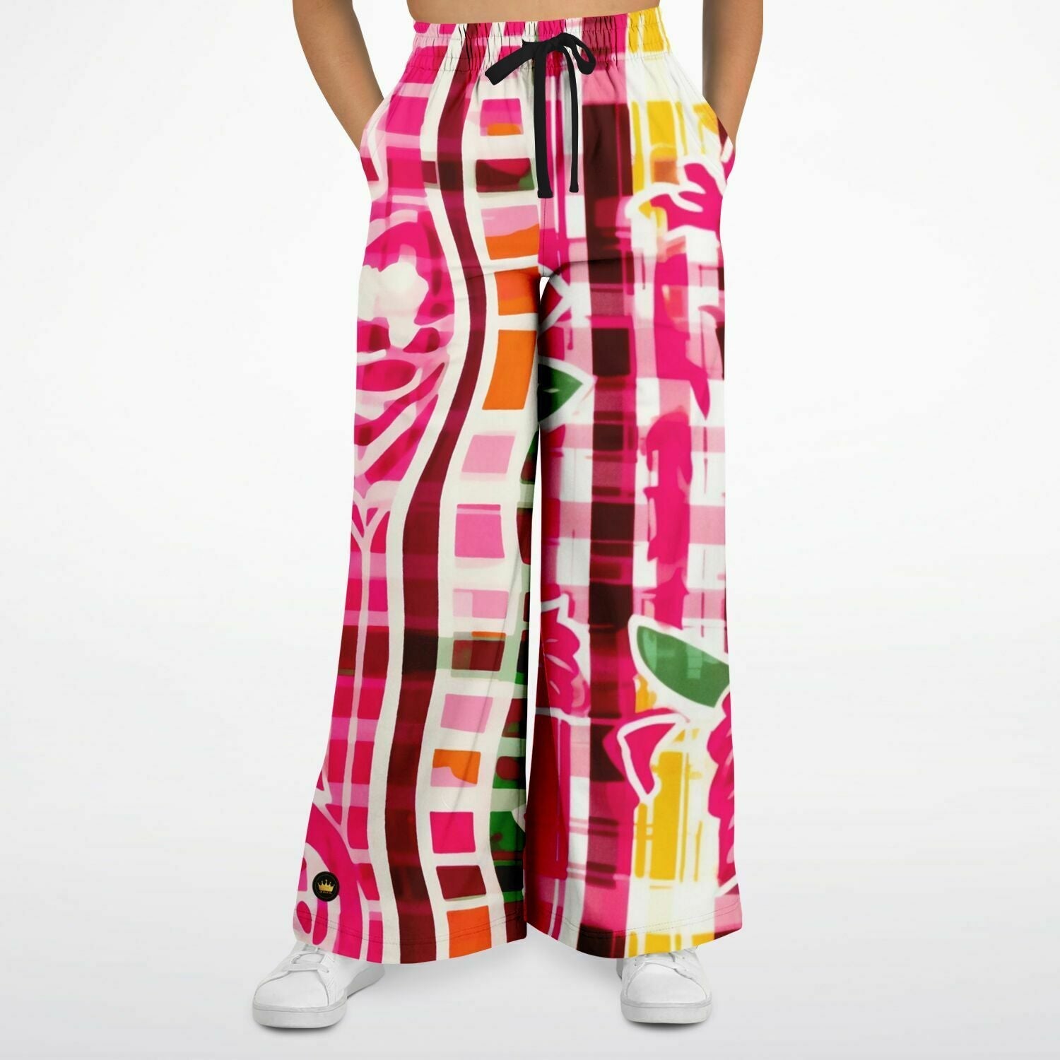 Cabbage Rose Pink Floral Plaid Eco-Poly Wide Leg Pants