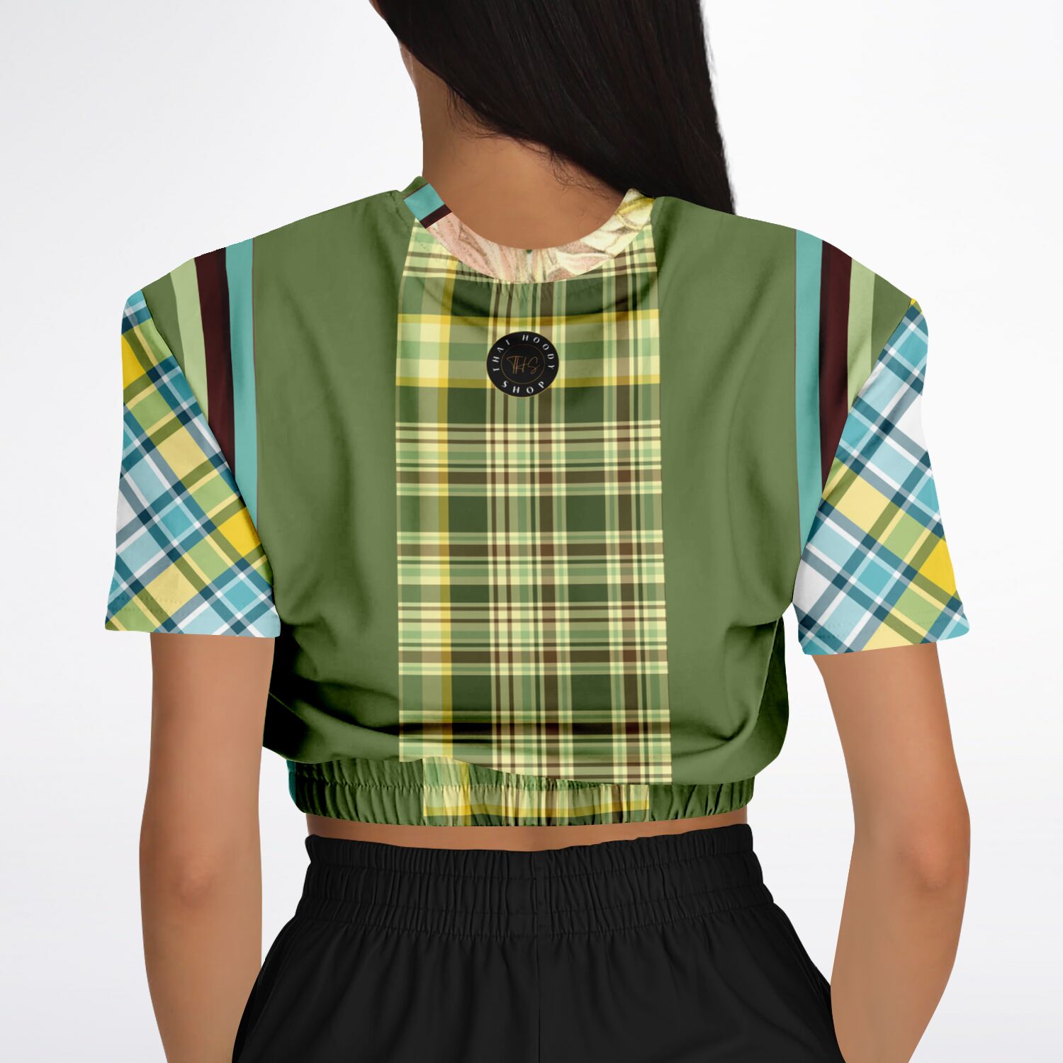 Green Caravan Plaid Eco-Poly Short Sleeve Cropped Pullover