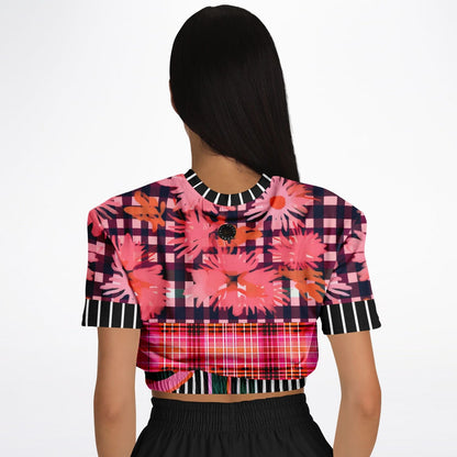 Pink Chrysanthemum Plaid Floral Eco-Poly Short Sleeve Cropped Pullover