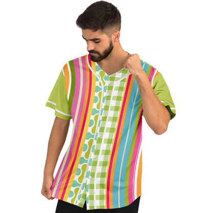 Green Anjou Pear Striped Patchwork Short Sleeve Eco-Poly Baseball Jersey