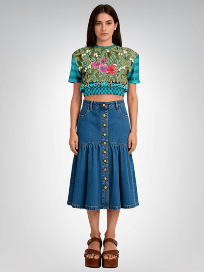 Electric Garden Maze Geometric Floral Eco-Poly Short Sleeve Cropped Pullover