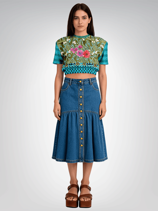 Electric Garden Maze Geometric Floral Eco-Poly Short Sleeve Cropped Pullover