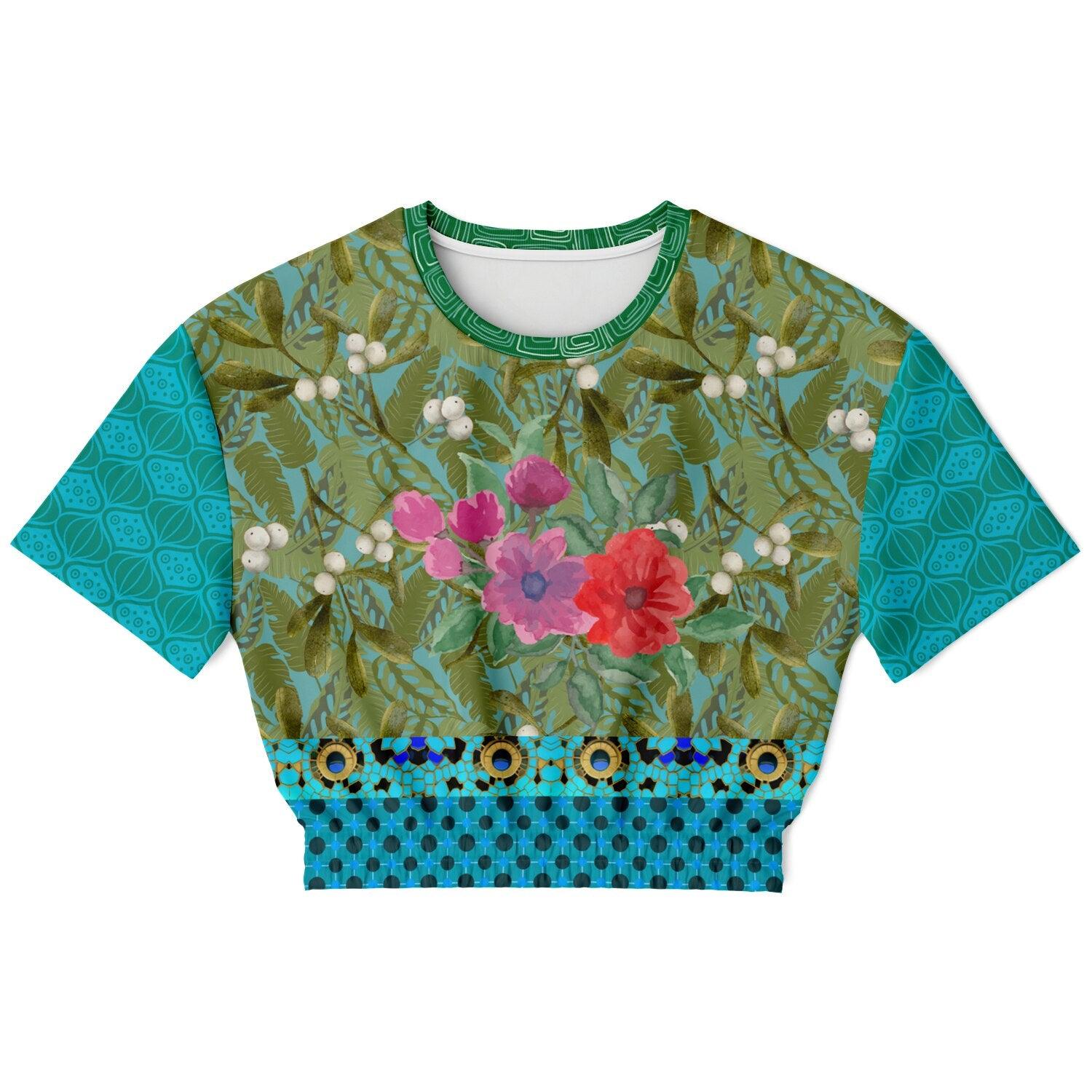Electric Garden Maze Geometric Floral Eco-Poly Short Sleeve Cropped Pullover