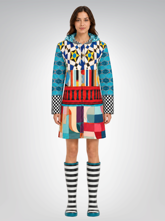 Electric Harlequin Patchwork Womens Hooded Rain Jacket
