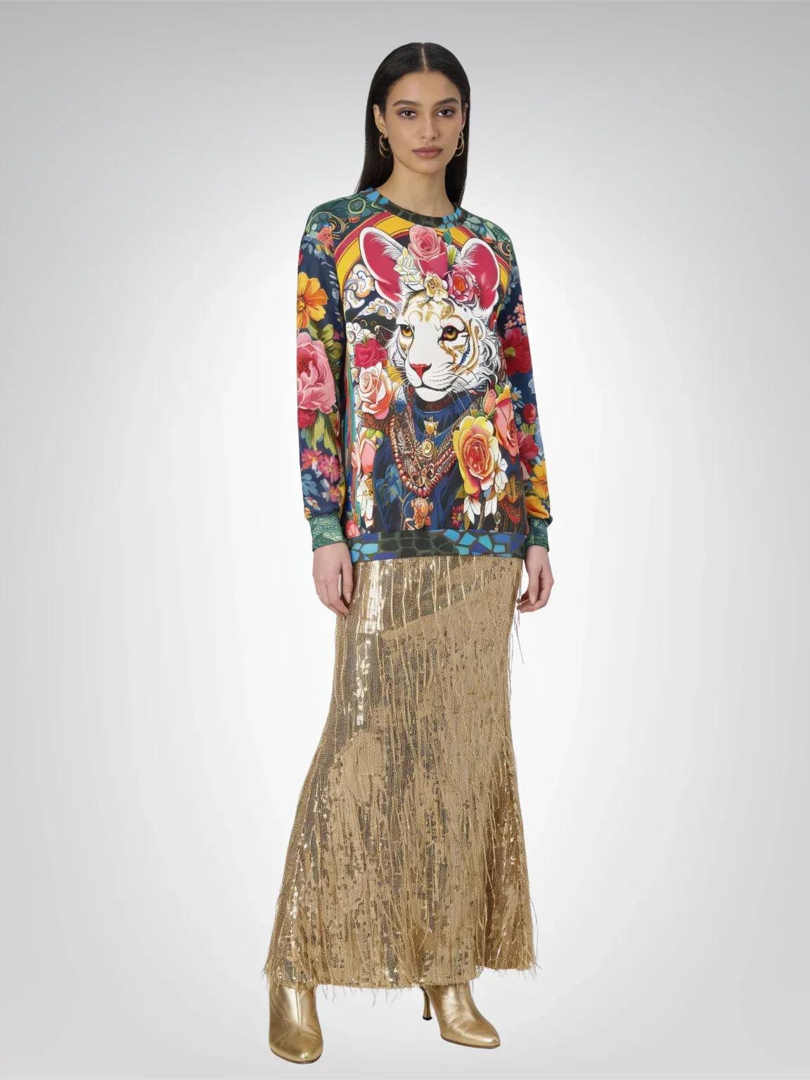 Emperor Cat in Rose Floral Unisex Sweatshirt (Gold Label)