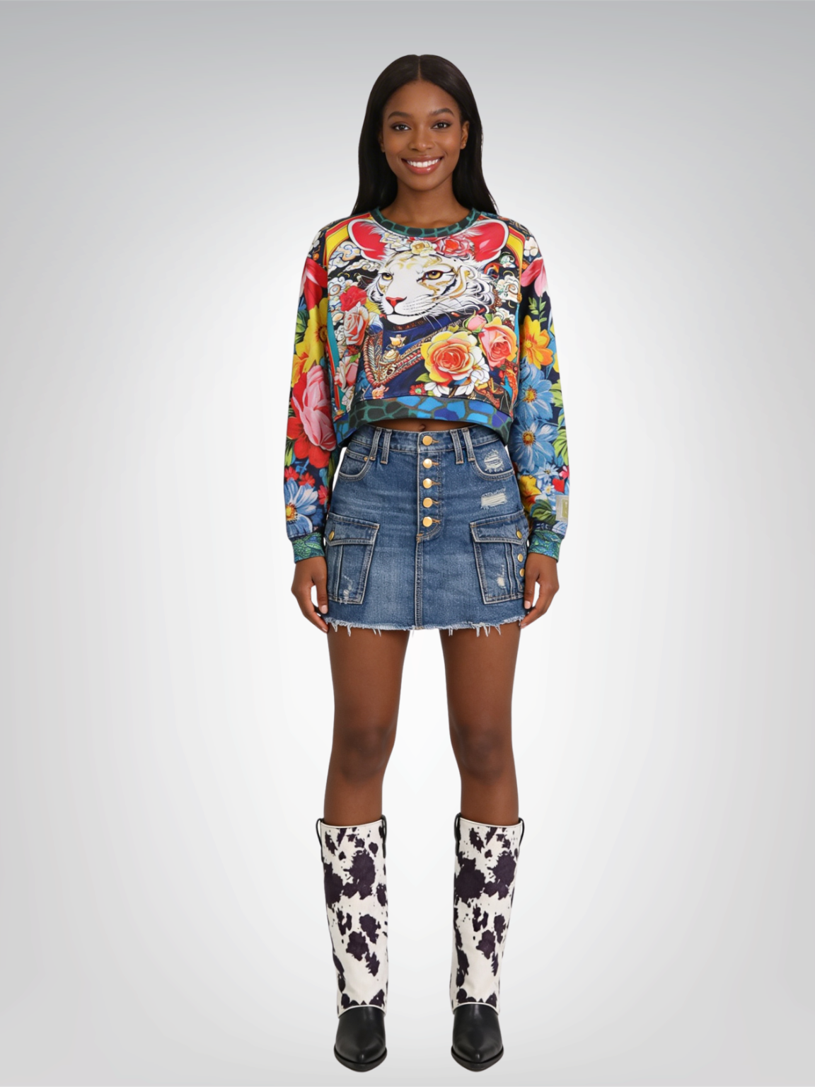 Emperor Cat in Rose Floral Cropped Sweatshirt (Gold Label)