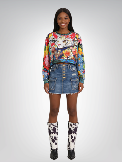 Emperor Cat in Rose Floral Cropped Sweatshirt (Gold Label)