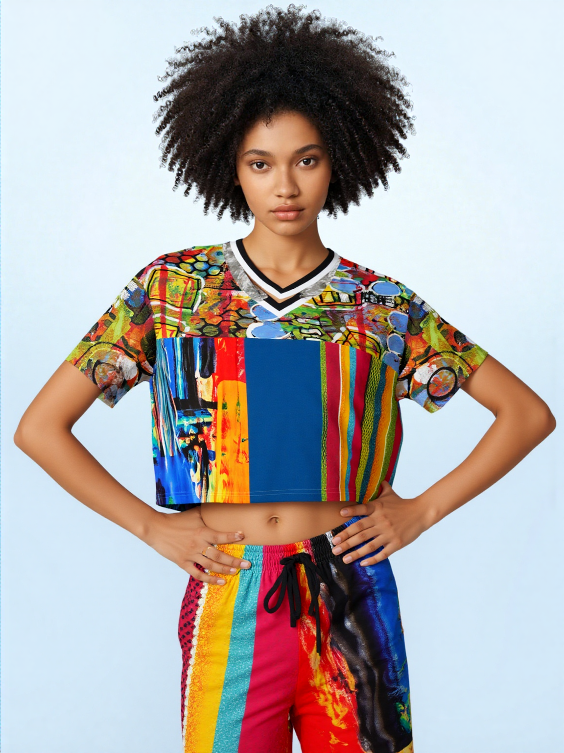 Esplanade Abstract Striped Eco-Poly V-Neck Crop Jersey