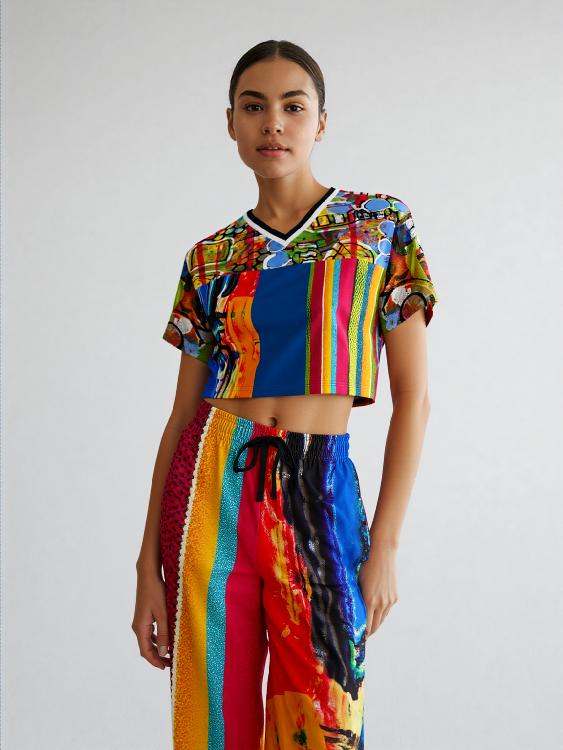 Esplanade Abstract Striped Eco-Poly V-Neck Crop Jersey