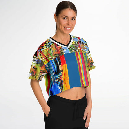 Esplanade Abstract Striped Eco-Poly V-Neck Crop Jersey