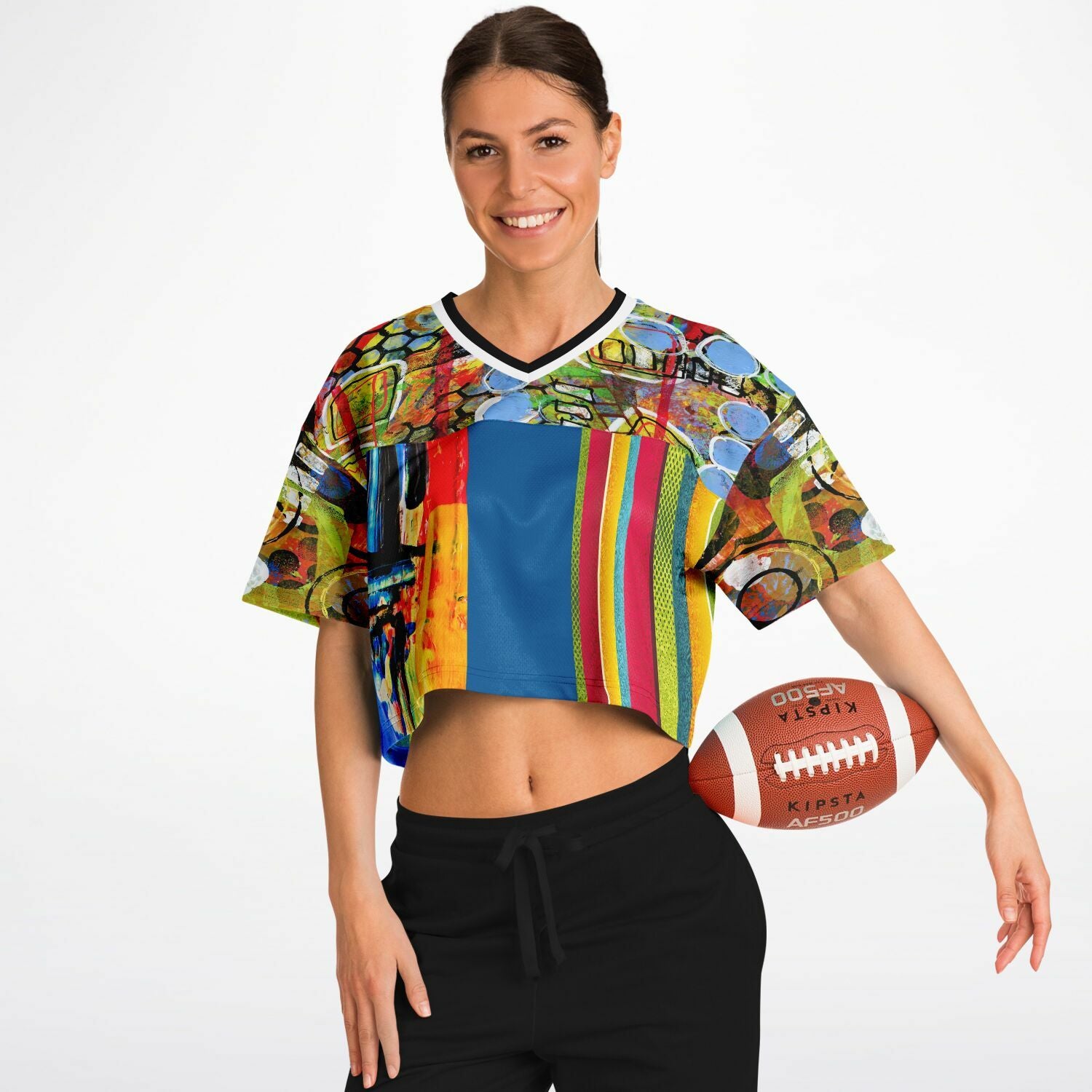 Esplanade Abstract Striped Eco-Poly V-Neck Crop Jersey