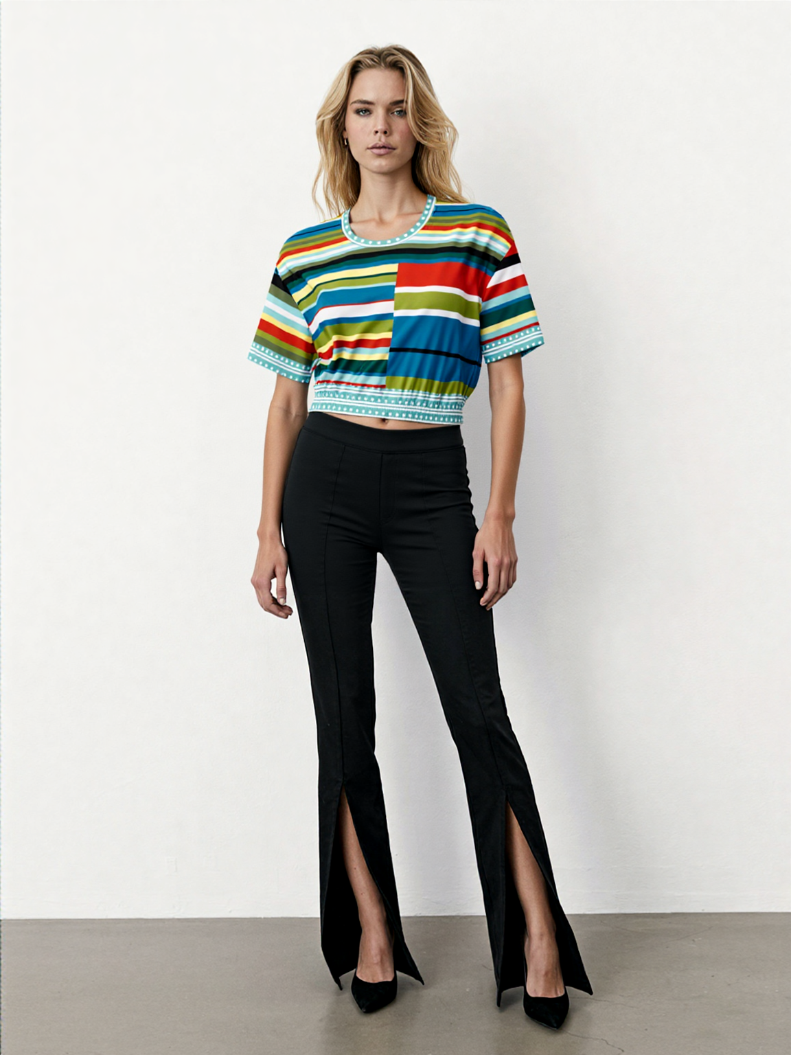 Everglades Rainbow Stripe Eco-Poly Short Sleeve Cropped Pullover