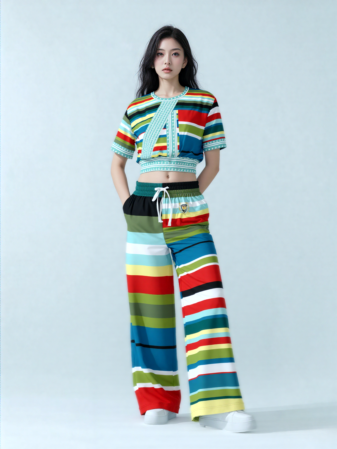 Everglades Rainbow Stripe Redirected Eco-Poly Short Sleeve Cropped Pullover