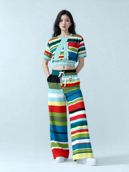 Everglades Rainbow Stripe Redirected Eco-Poly Short Sleeve Cropped Pullover