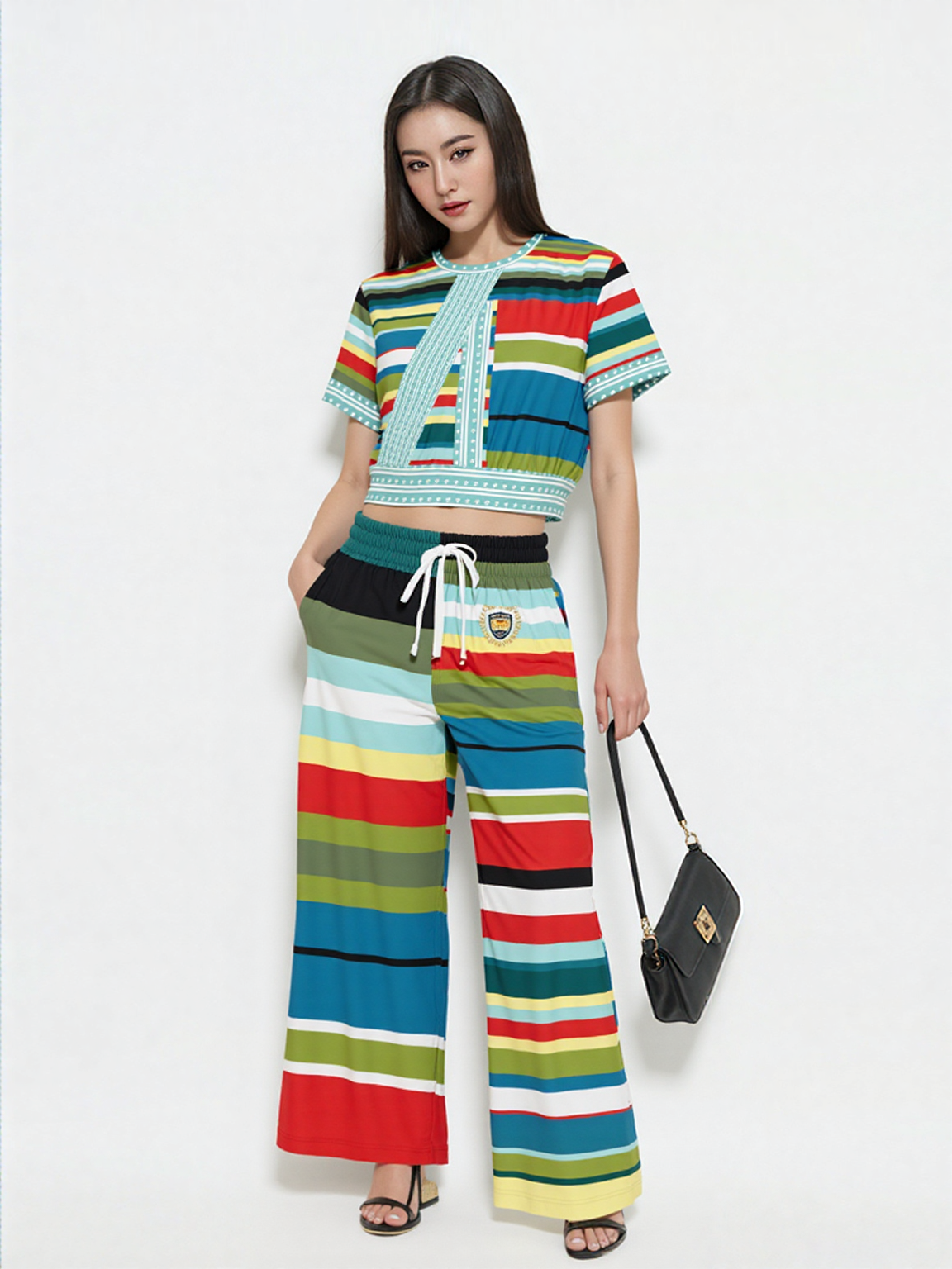 Everglades Rainbow Stripe Redirected Eco-Poly Short Sleeve Cropped Pullover