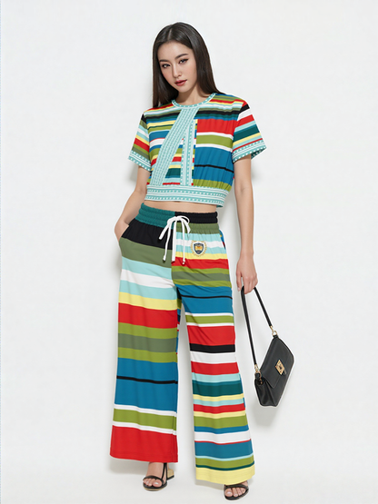 Everglades Rainbow Stripe Redirected Eco-Poly Short Sleeve Cropped Pullover