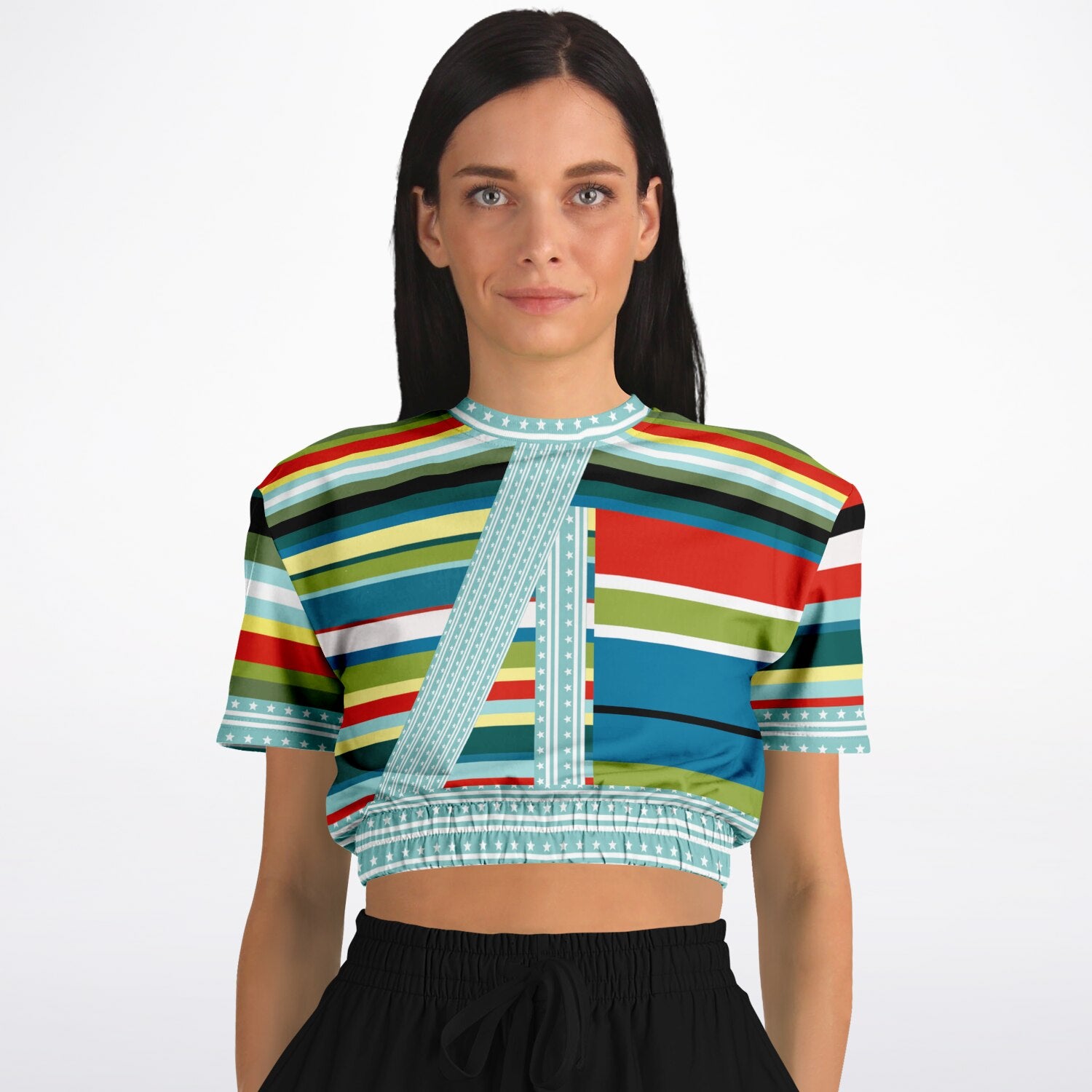 Everglades Rainbow Stripe Redirected Eco-Poly Short Sleeve Cropped Pullover