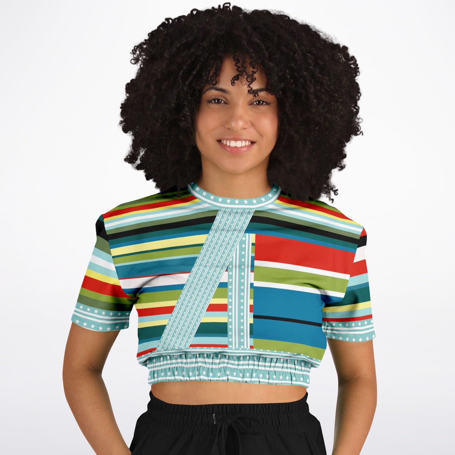 Everglades Rainbow Stripe Redirected Eco-Poly Short Sleeve Cropped Pullover