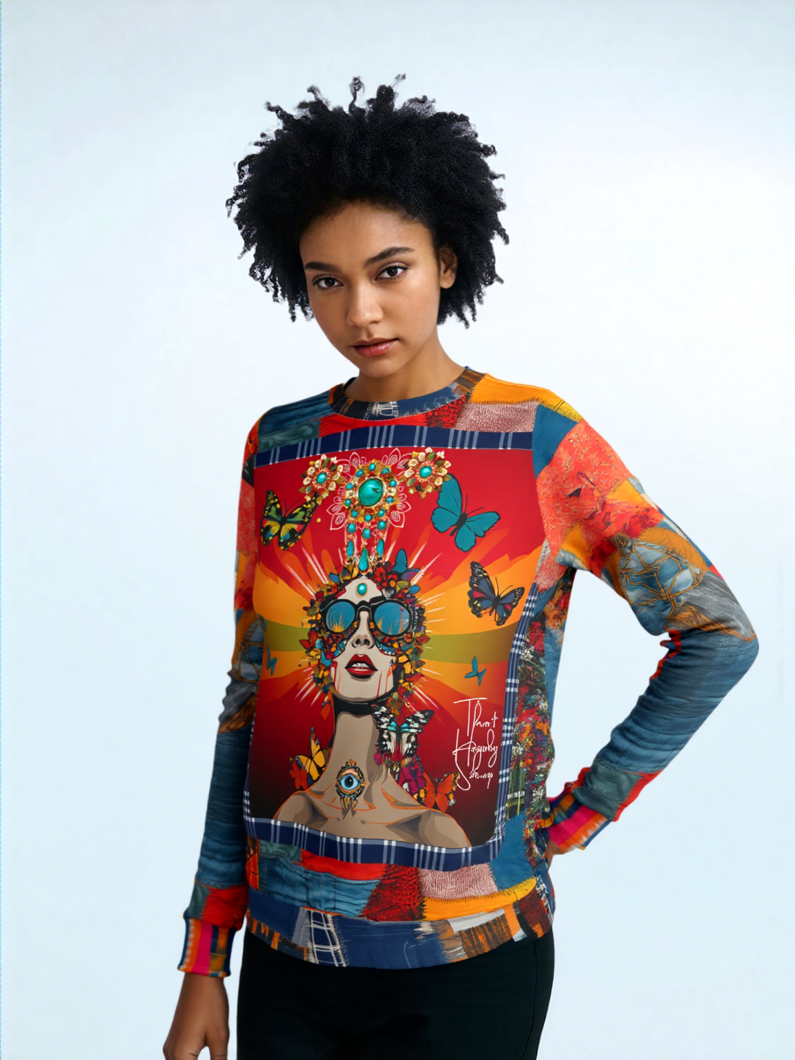 Everything Looks Perfect Denim Patchwork Print Unisex Sweatshirt (Gold Label)