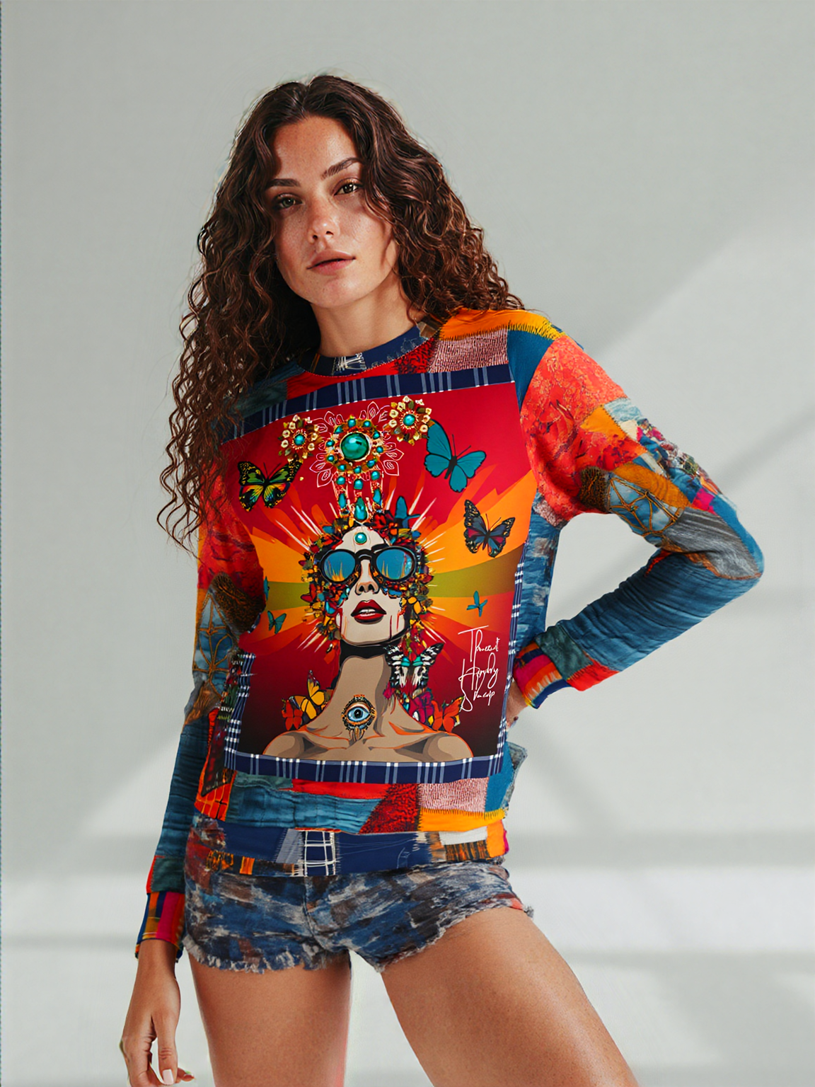 Everything Looks Perfect Denim Patchwork Print Unisex Sweatshirt (Gold Label)