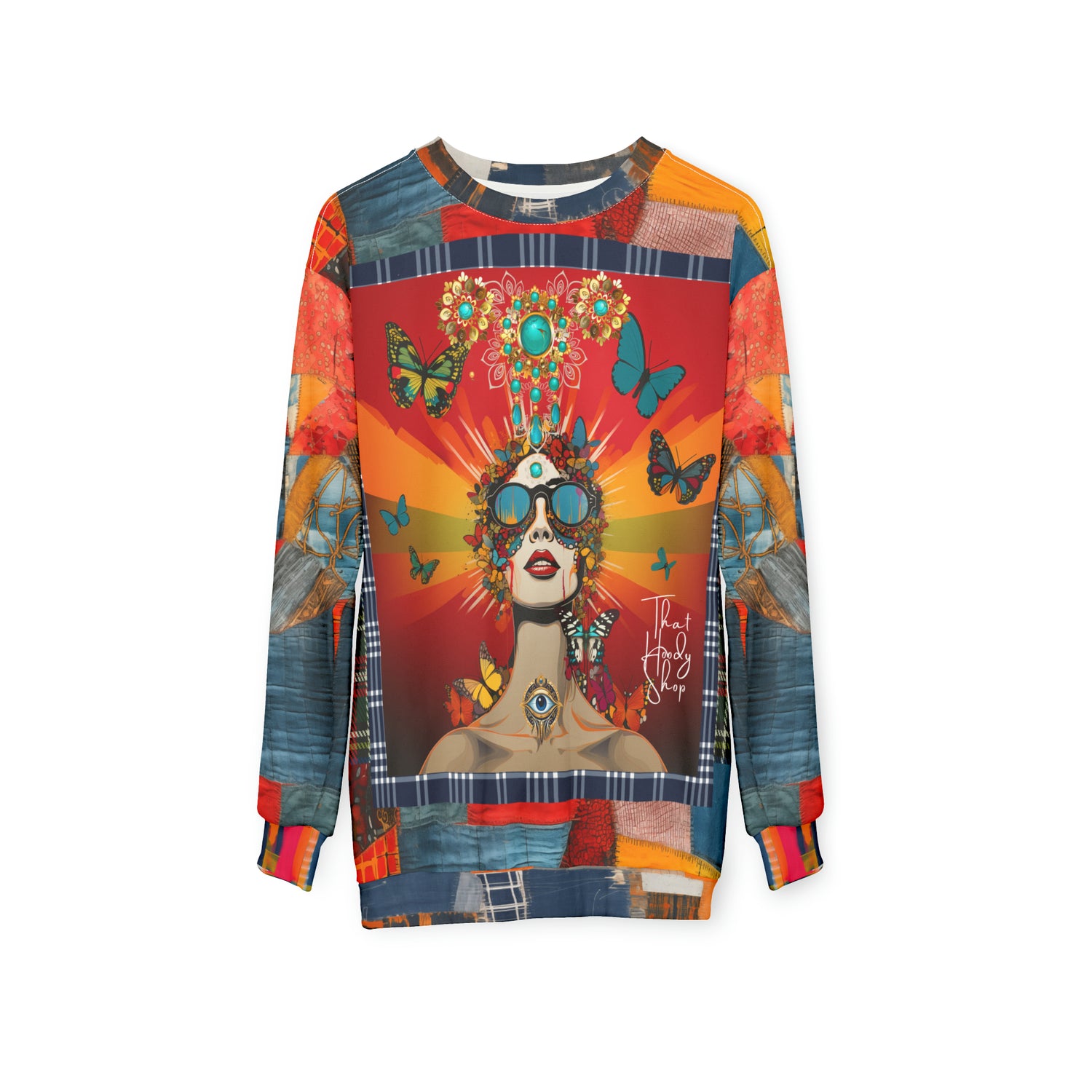 Everything Looks Perfect Denim Patchwork Print Unisex Sweatshirt (Gold Label)