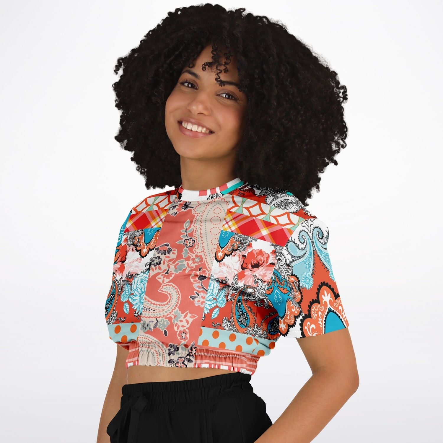 Coral Springs Hippie Patchwork Eco-Poly Short Sleeve Cropped Pullover