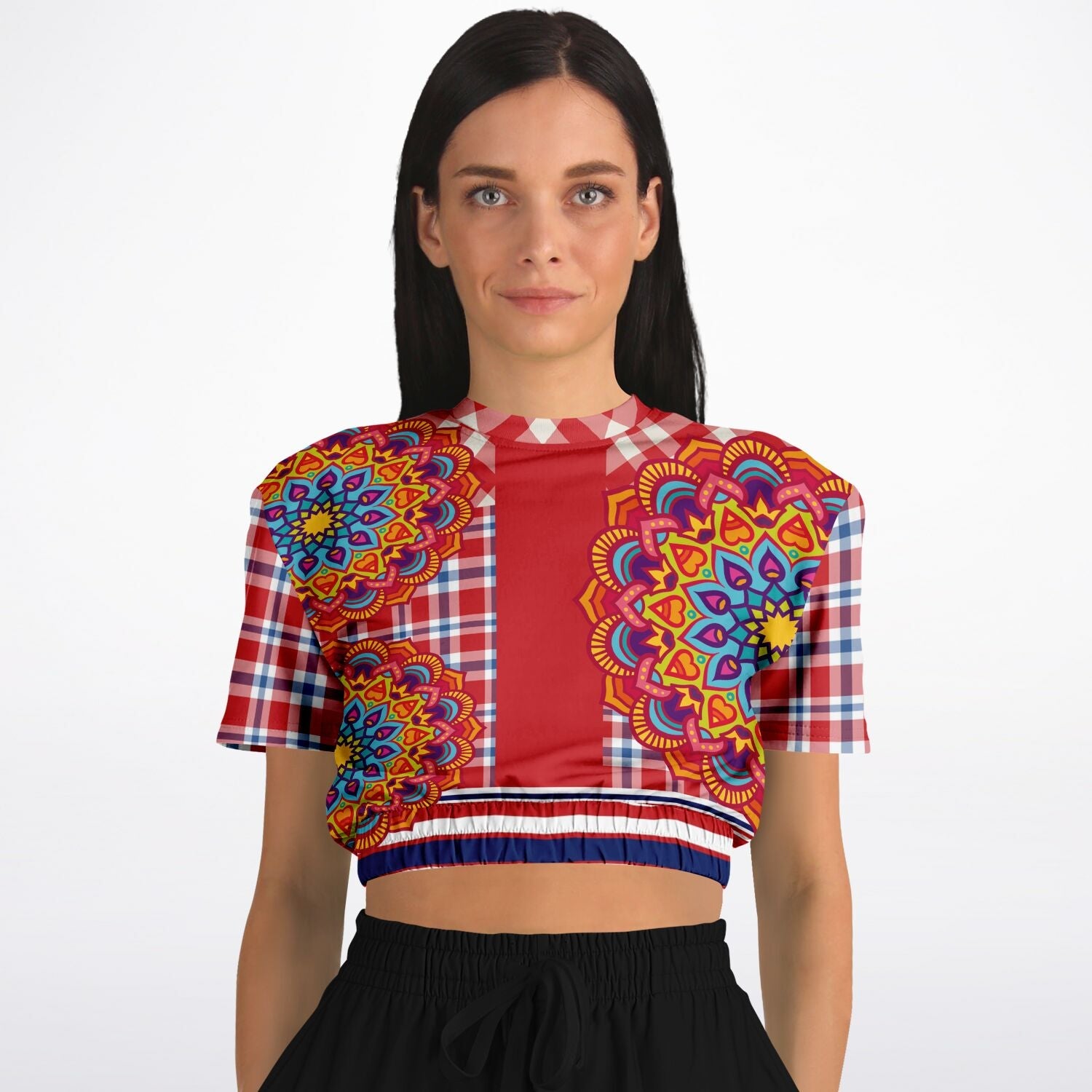 Hippy-Dippy Plaid Eco-Poly Cropped Short Sleeve Pullover