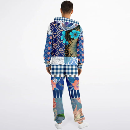 Blue Andalusian Patchwork Unisex Fleece Romper