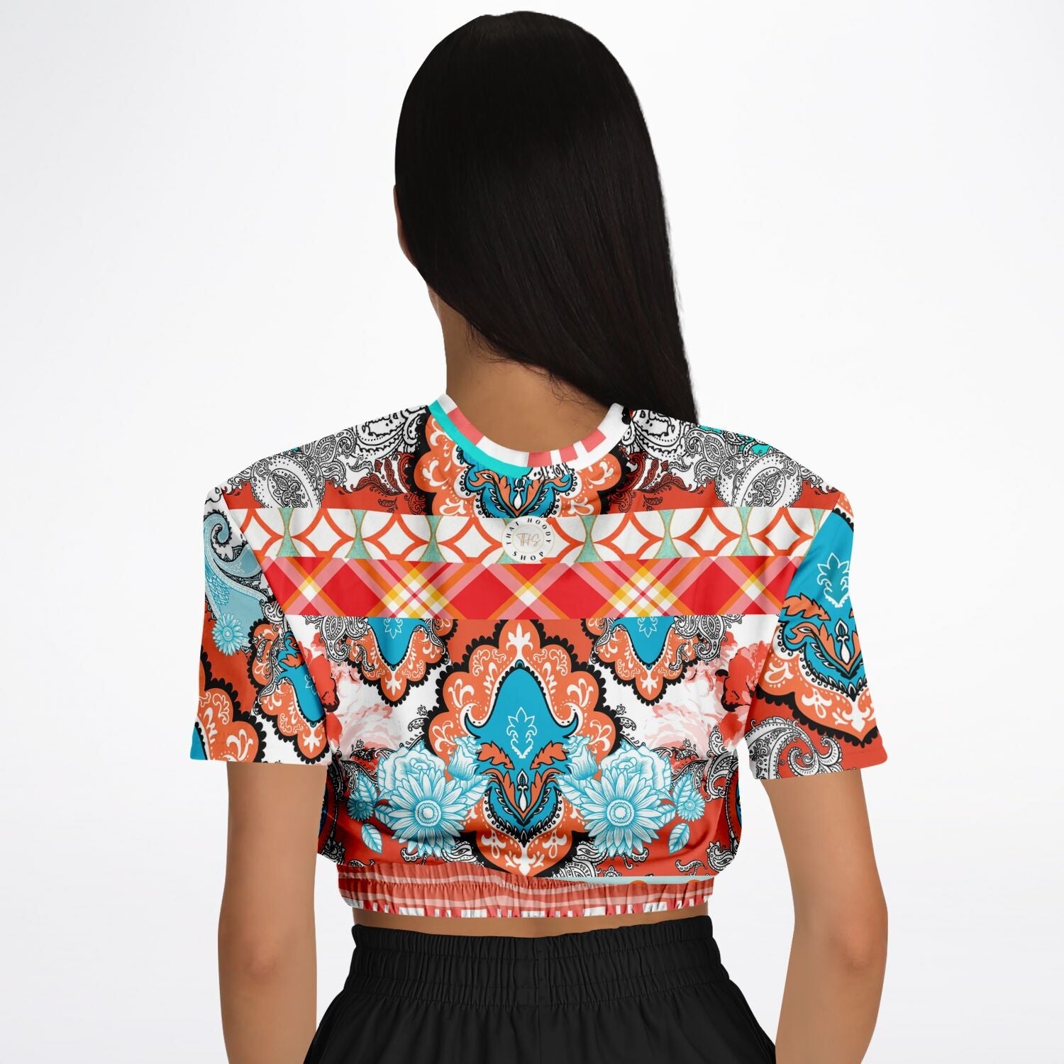 Coral Springs Hippie Patchwork Eco-Poly Short Sleeve Cropped Pullover