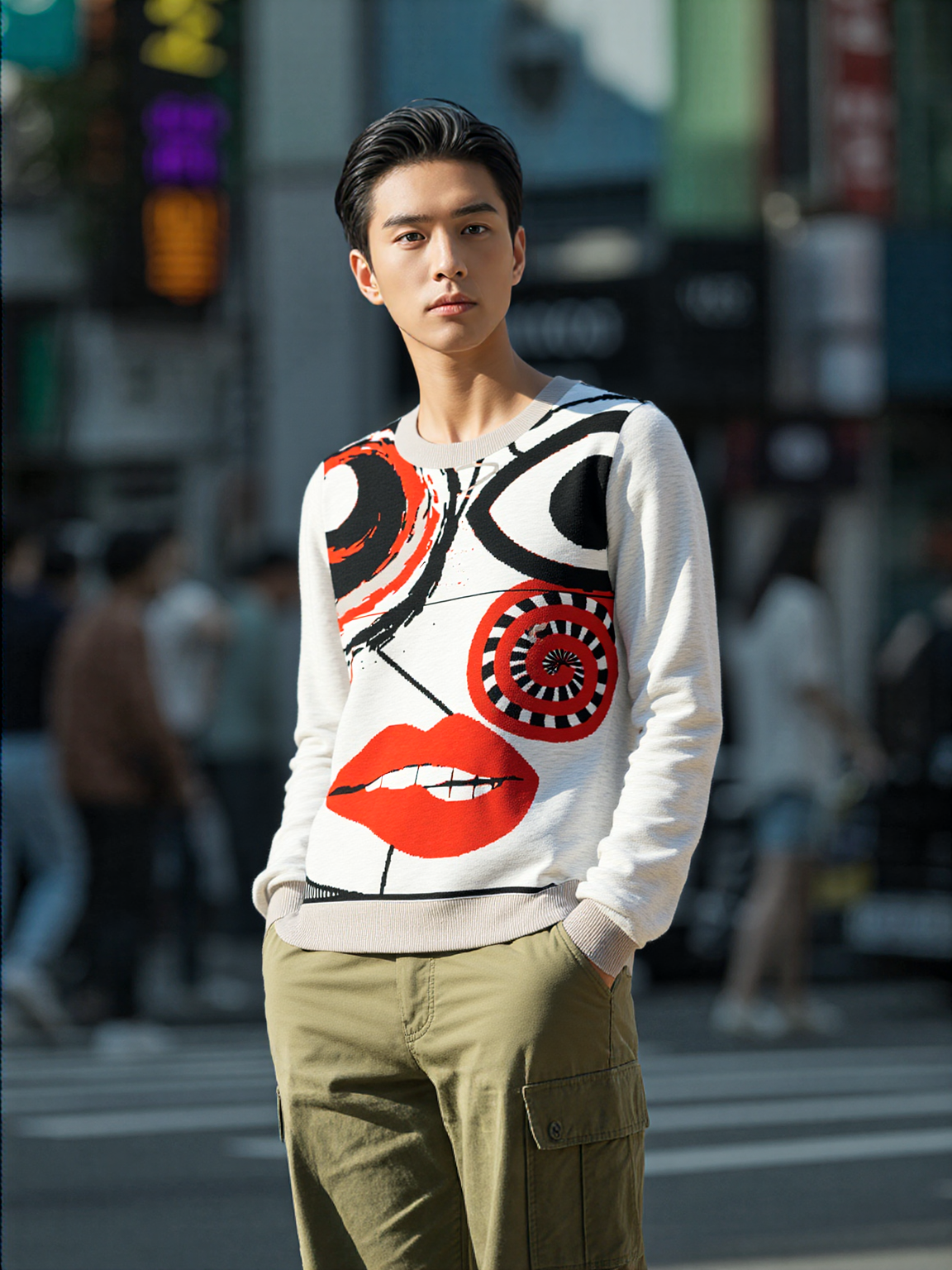 Face in Line Drawing Knitted Crewneck Sweater