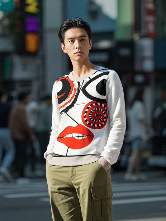 Face in Line Drawing Knitted Crewneck Sweater