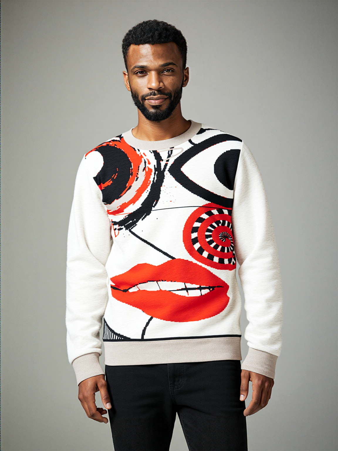 Face in Line Drawing Knitted Crewneck Sweater