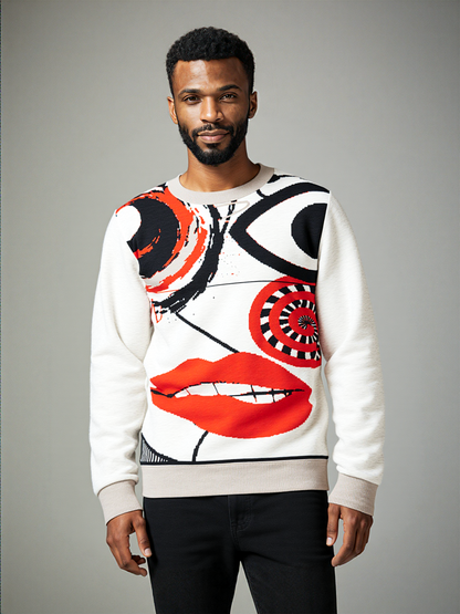 Face in Line Drawing Knitted Crewneck Sweater