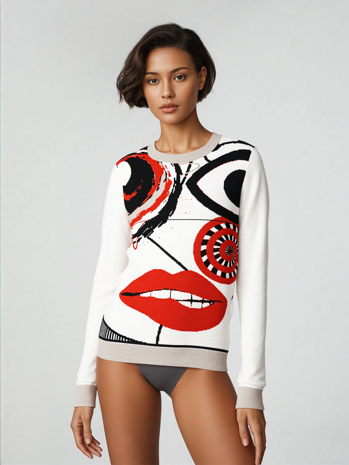 Face in Line Drawing Knitted Crewneck Sweater