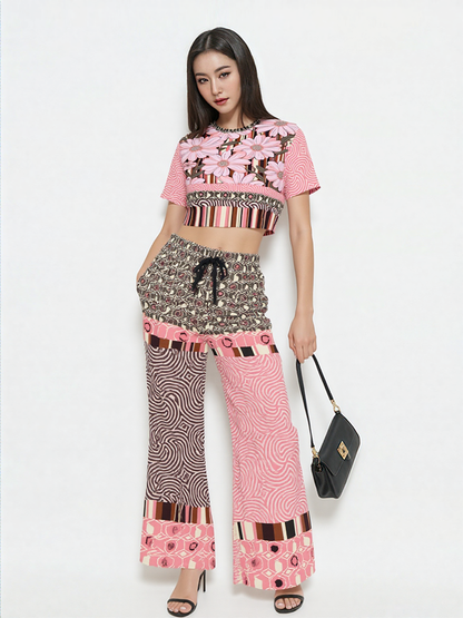 Fantasy in Pink Geometric Swirl Patchwork Eco-Poly Wide Leg Pants