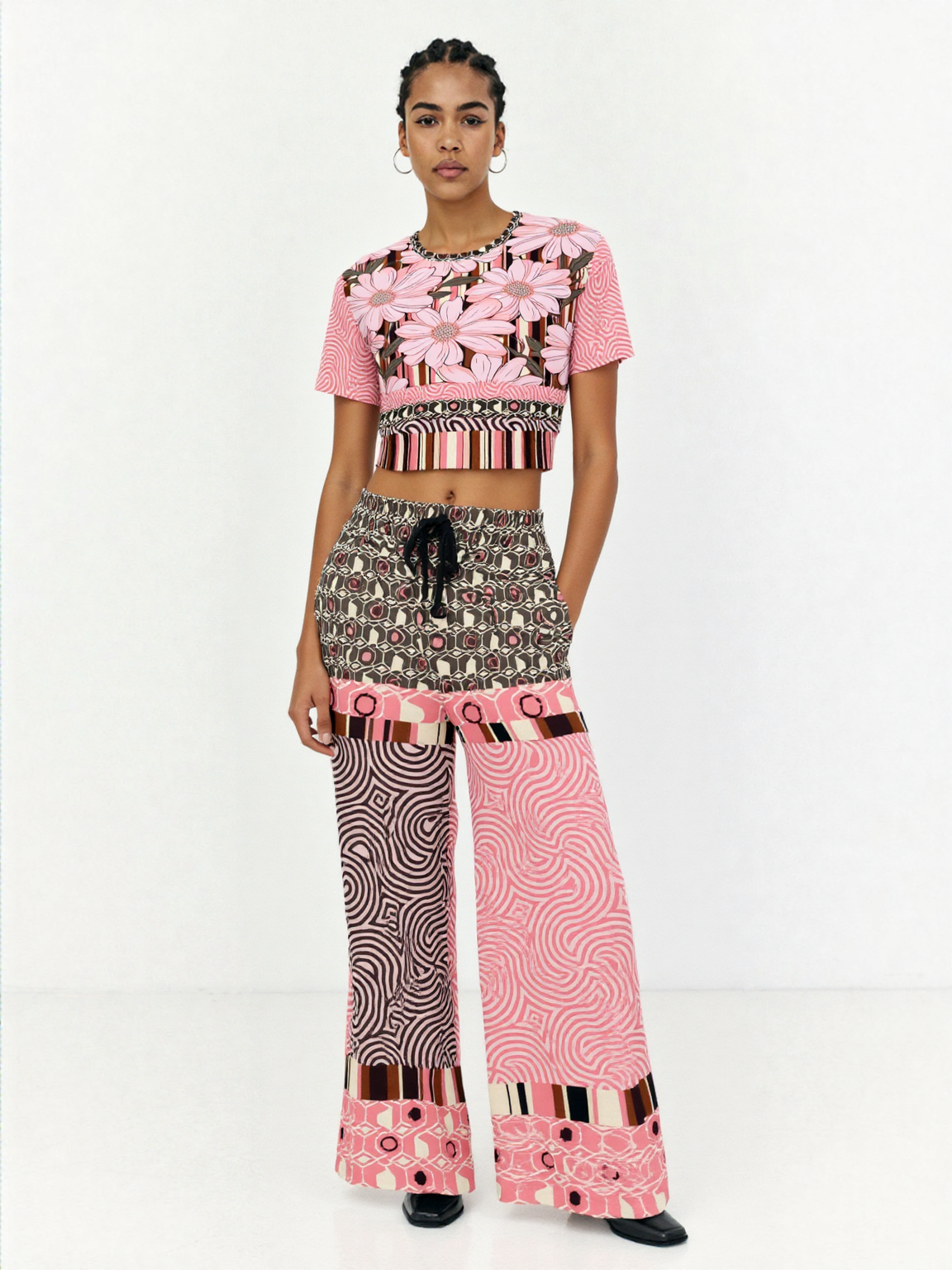 Fantasy in Pink Geometric Swirl Patchwork Eco-Poly Wide Leg Pants
