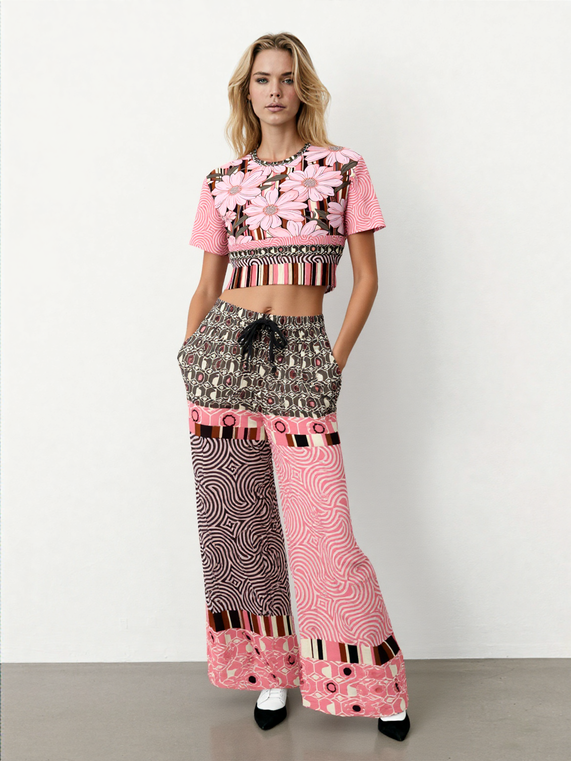 Fantasy in Pink Geometric Swirl Patchwork Eco-Poly Wide Leg Pants