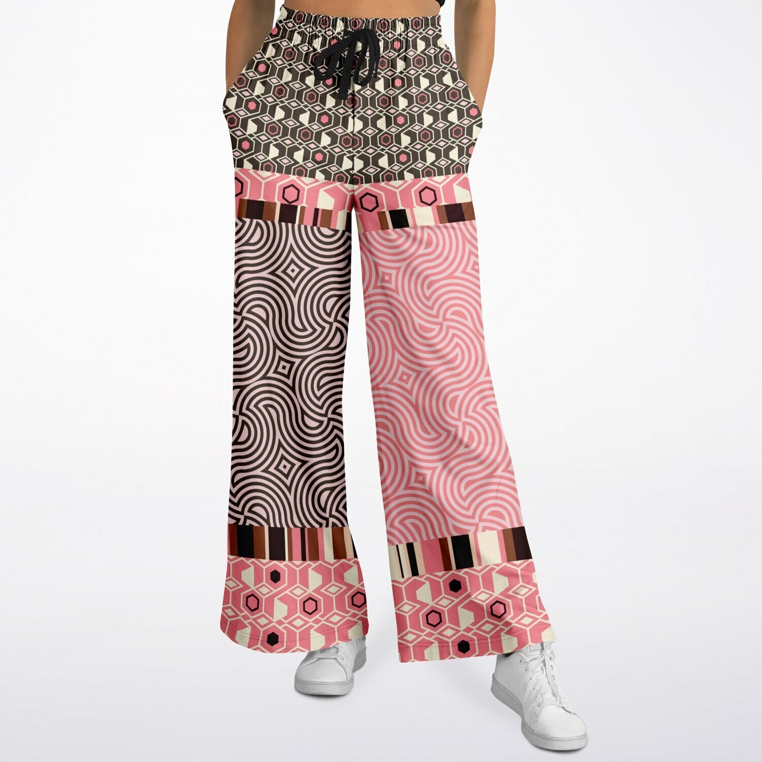 Fantasy in Pink Geometric Swirl Patchwork Eco-Poly Wide Leg Pants